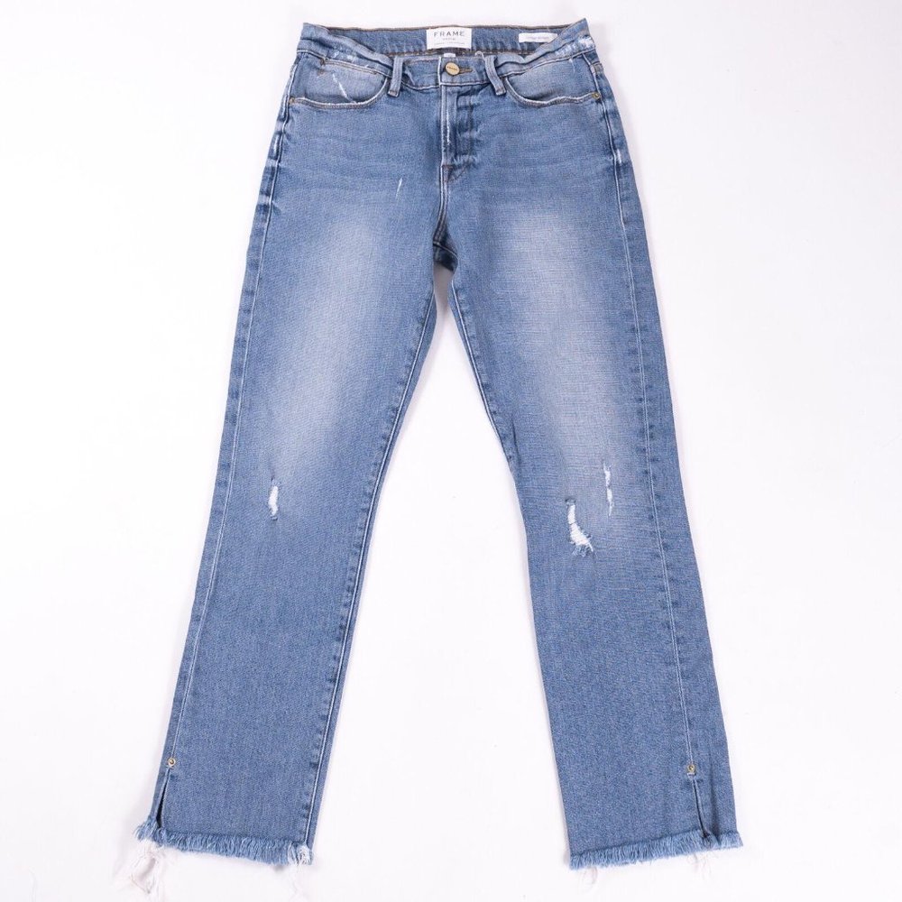 LNWOT Frame Medium Wash Le High Straight Frayed Hem Jeans Women's Stretch SZ 25